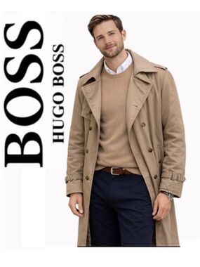 Hugo Boss Maverick Trench Coat Khaki Belted Double Breasted Lined 54 XL